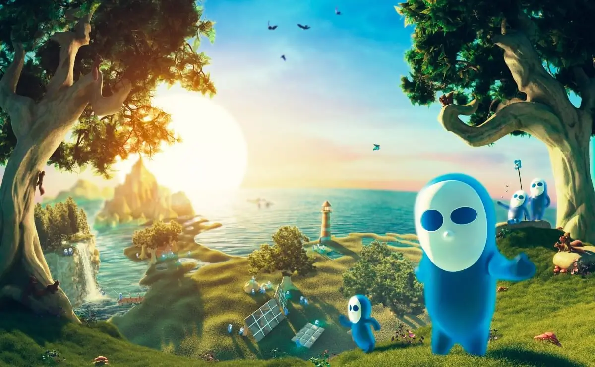 3D idyllic landscape with blue characters